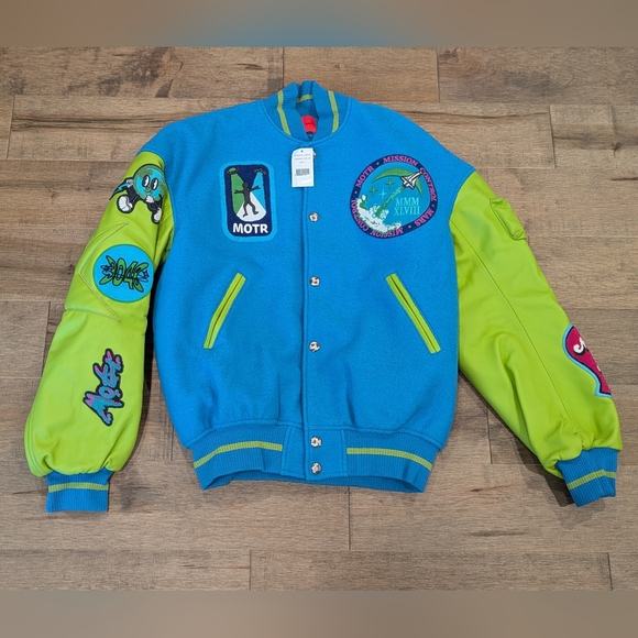 $2845 Mens MEMBERS OF THE RAGE Patch Leather/Wool Varsity Jacket Turquoise Large